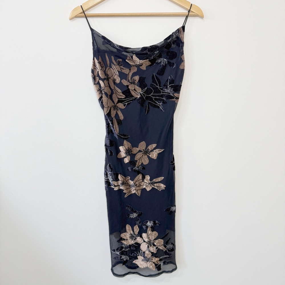 Rosebullet Floral Burnout Velvet  Cowl Neck Dress XXS/XS Navy Bronze Cocktail